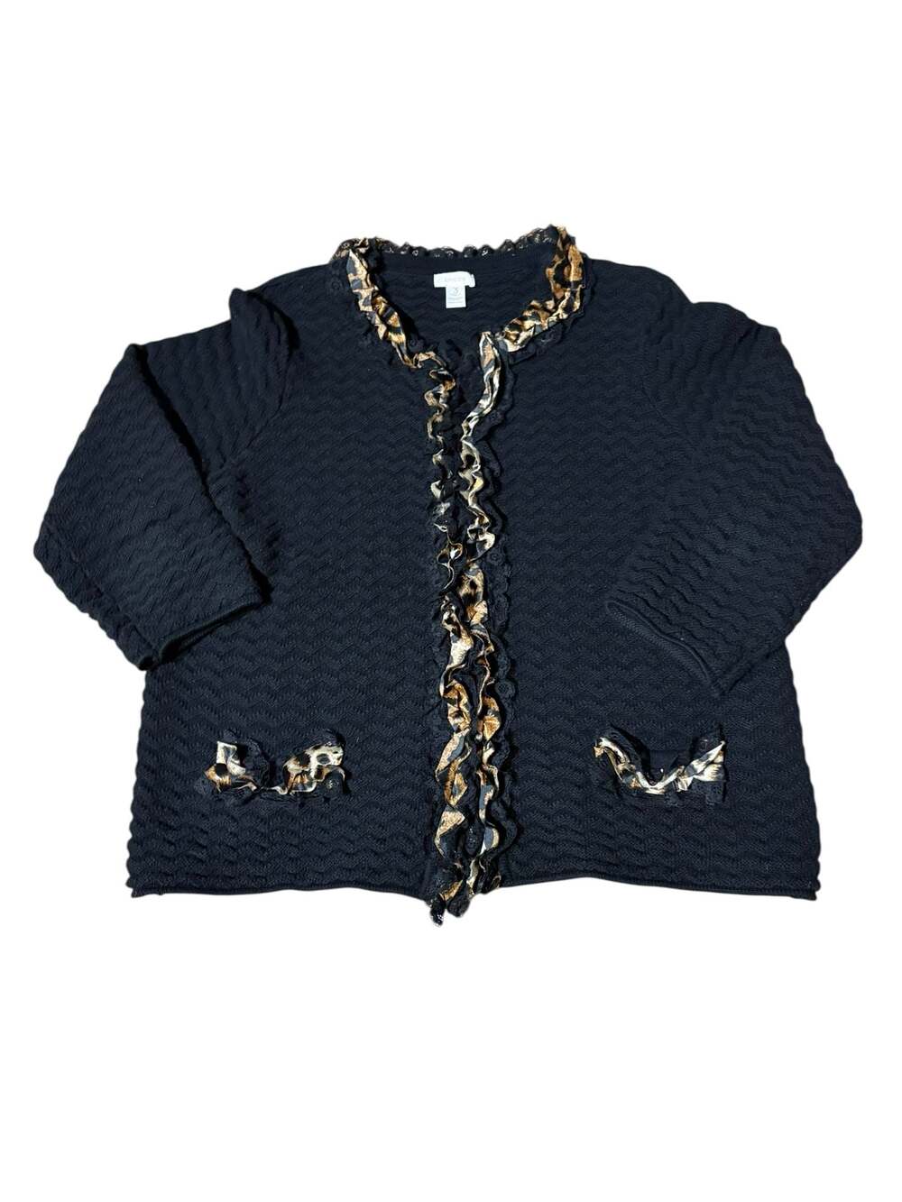 Chico's Black Knit Cardigan‎ with Leopard Print Ruffle Lace Trim Size 3 (XL)